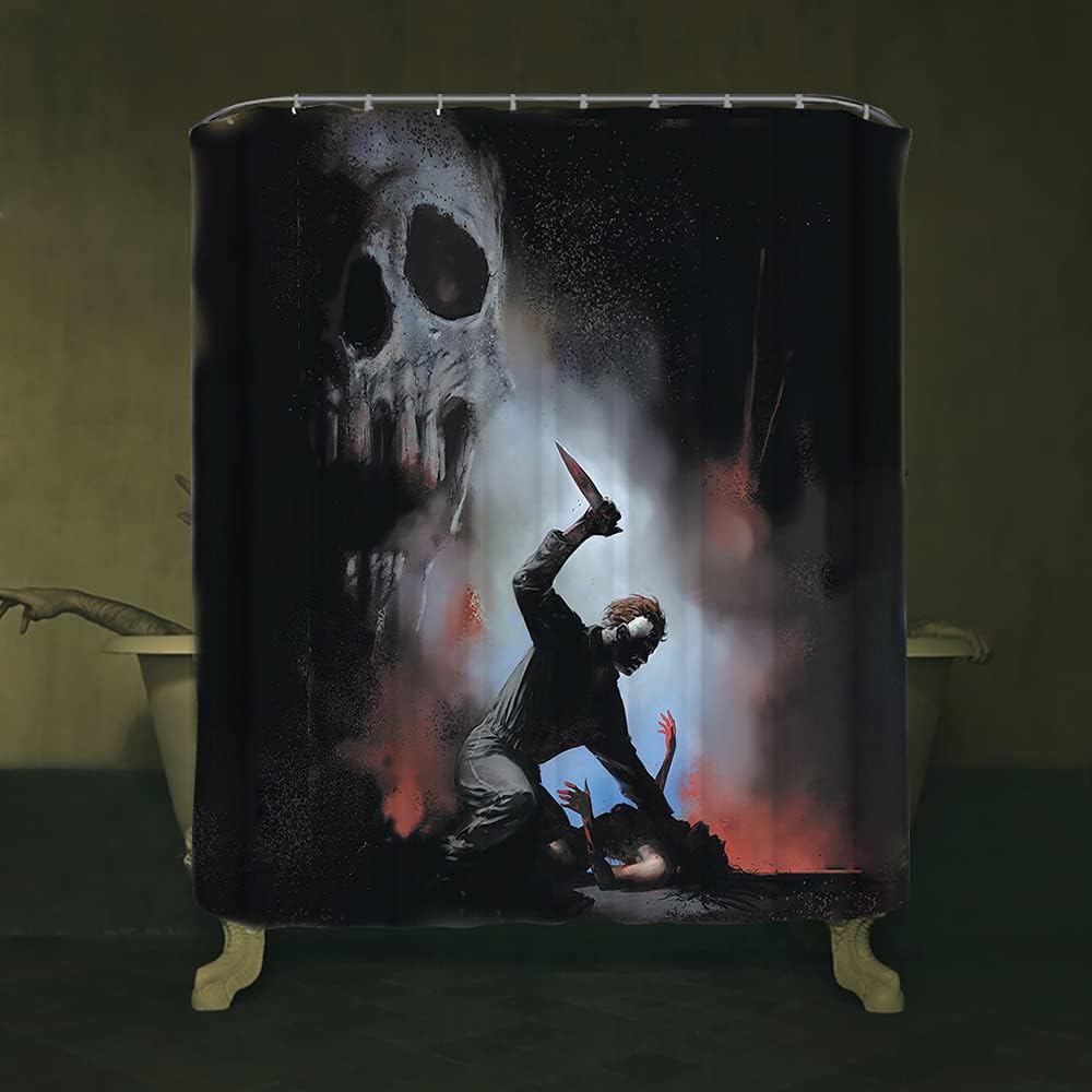 Horror Movie Themed Halloween Shower Curtain - Scary Michael Myers With 2 Postcards And Gift