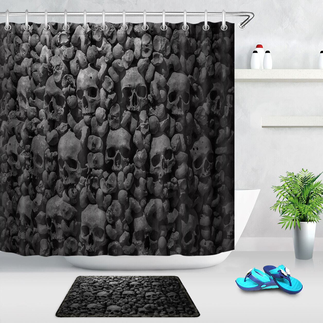 Horror Skull Wall Pattern Fabric Shower Curtain For Halloween