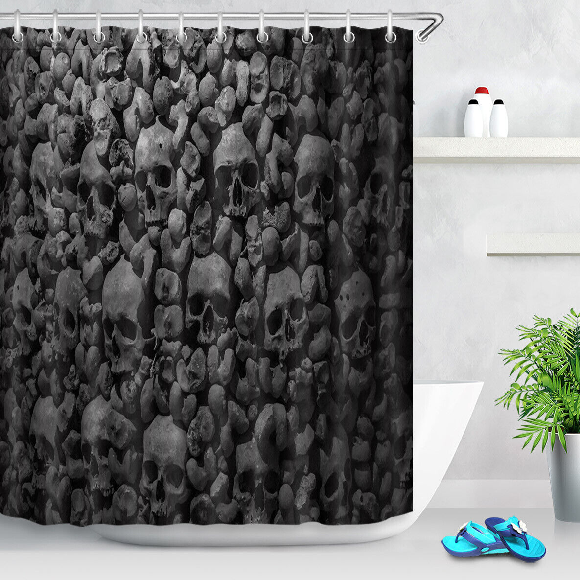 Horror Skull Wall Pattern Fabric Shower Curtain For Halloween - Image 2