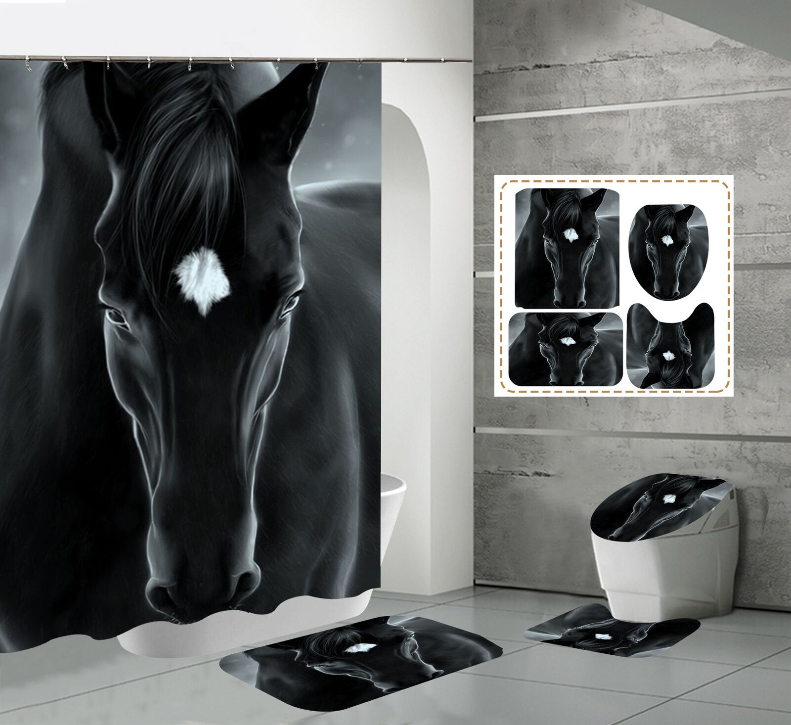 Horse Animal Shower Curtain - Black Bathroom Decor With Steed Design