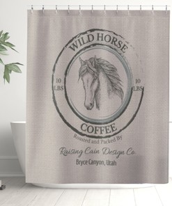 Horse Coffee Shower Curtain - Farmhouse Theme Bathroom Decor with Equine Accents 