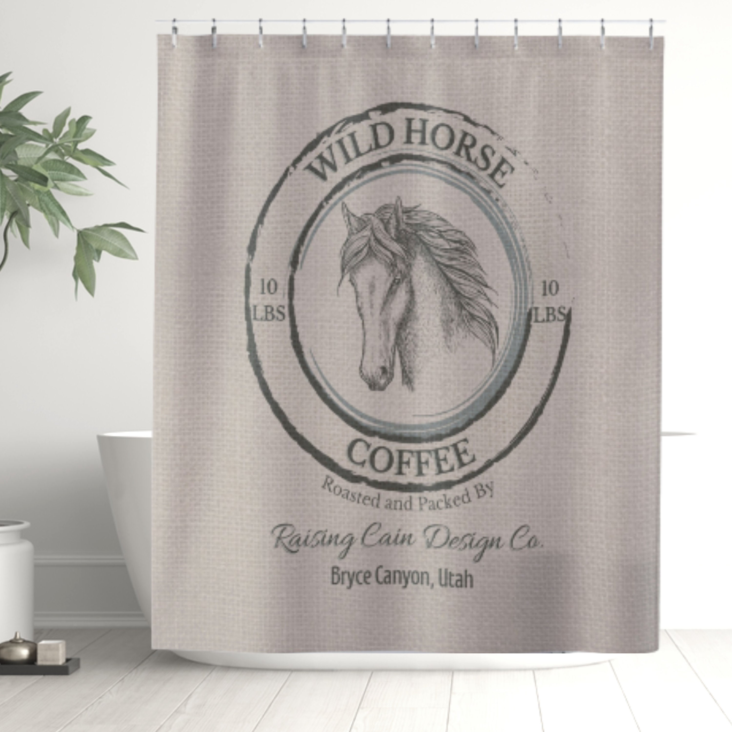 Horse Coffee Shower Curtain - Farmhouse Theme Bathroom Decor with Equine Accents