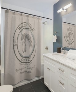 Horse Coffee Shower Curtain - Farmhouse Theme Bathroom Decor with Equine Accents