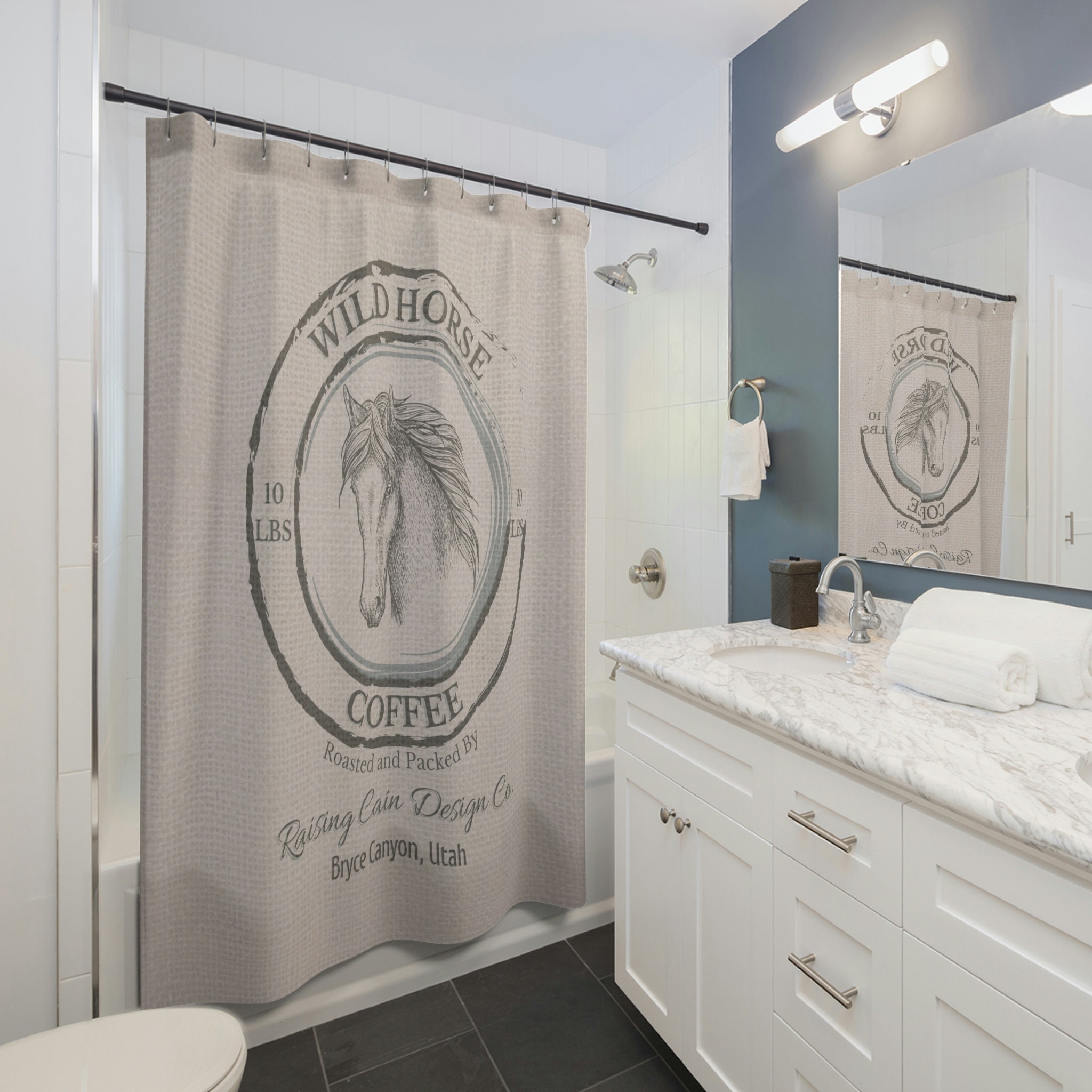 Horse Coffee Shower Curtain - Farmhouse Theme Bathroom Decor with Equine Accents