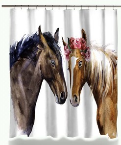 Horse Couple Shower Curtain - Animal And Floral Design - Cute Bathroom Decor