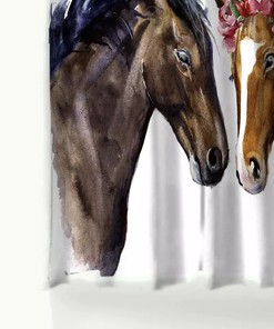Horse Couple Shower Curtain - Animal And Floral Design - Cute Bathroom Decor