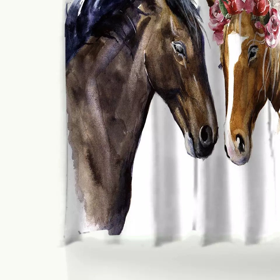 Horse Couple Shower Curtain - Animal And Floral Design - Cute Bathroom Decor
