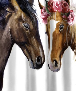 Horse Couple Shower Curtain - Animal And Floral Design - Cute Bathroom Decor