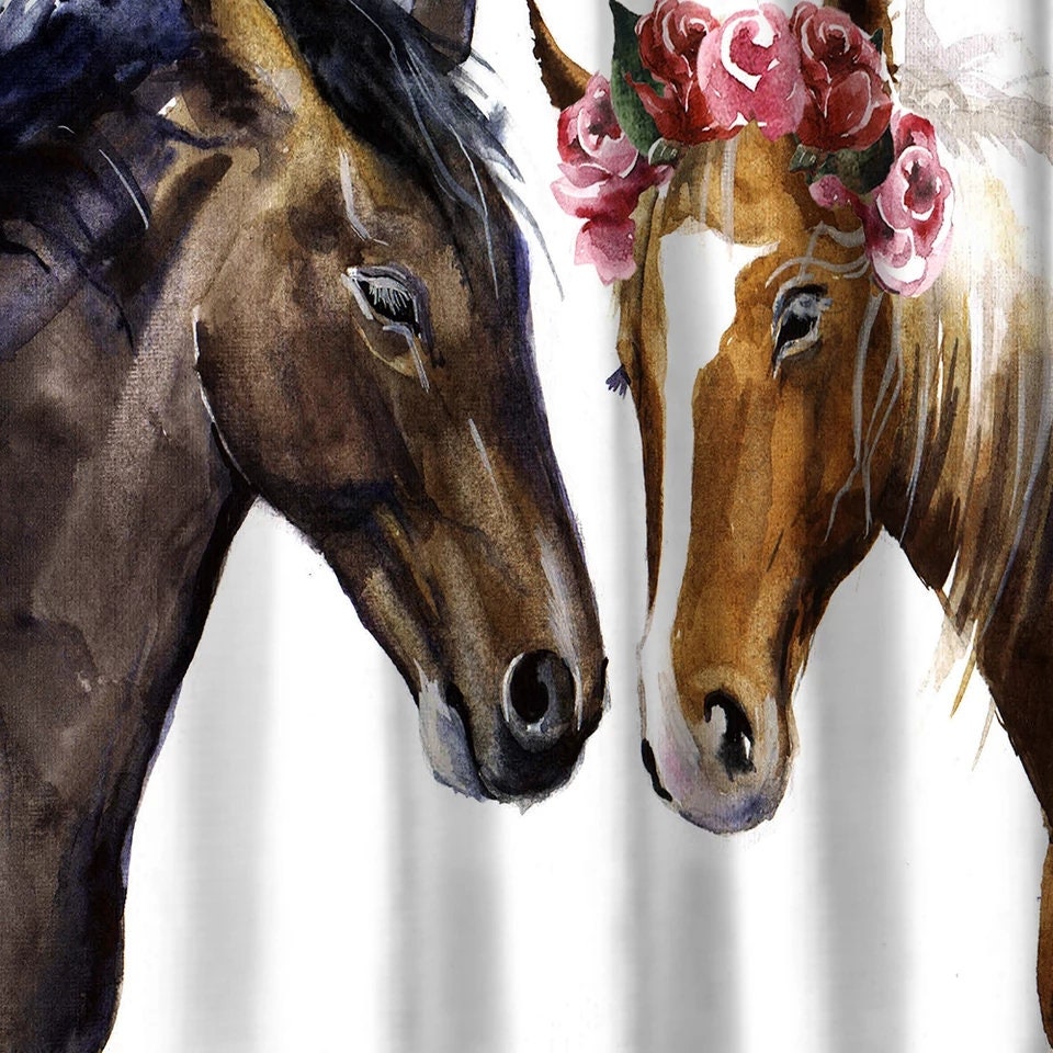 Horse Couple Shower Curtain - Animal And Floral Design - Cute Bathroom Decor