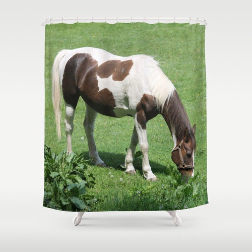Horse In Spring Field Shower Curtain - Brown And Green Bath Decor - Designer Curtain