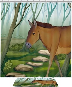 Horse In The Jungle Forest Foggy Waterproof Shower Curtain 