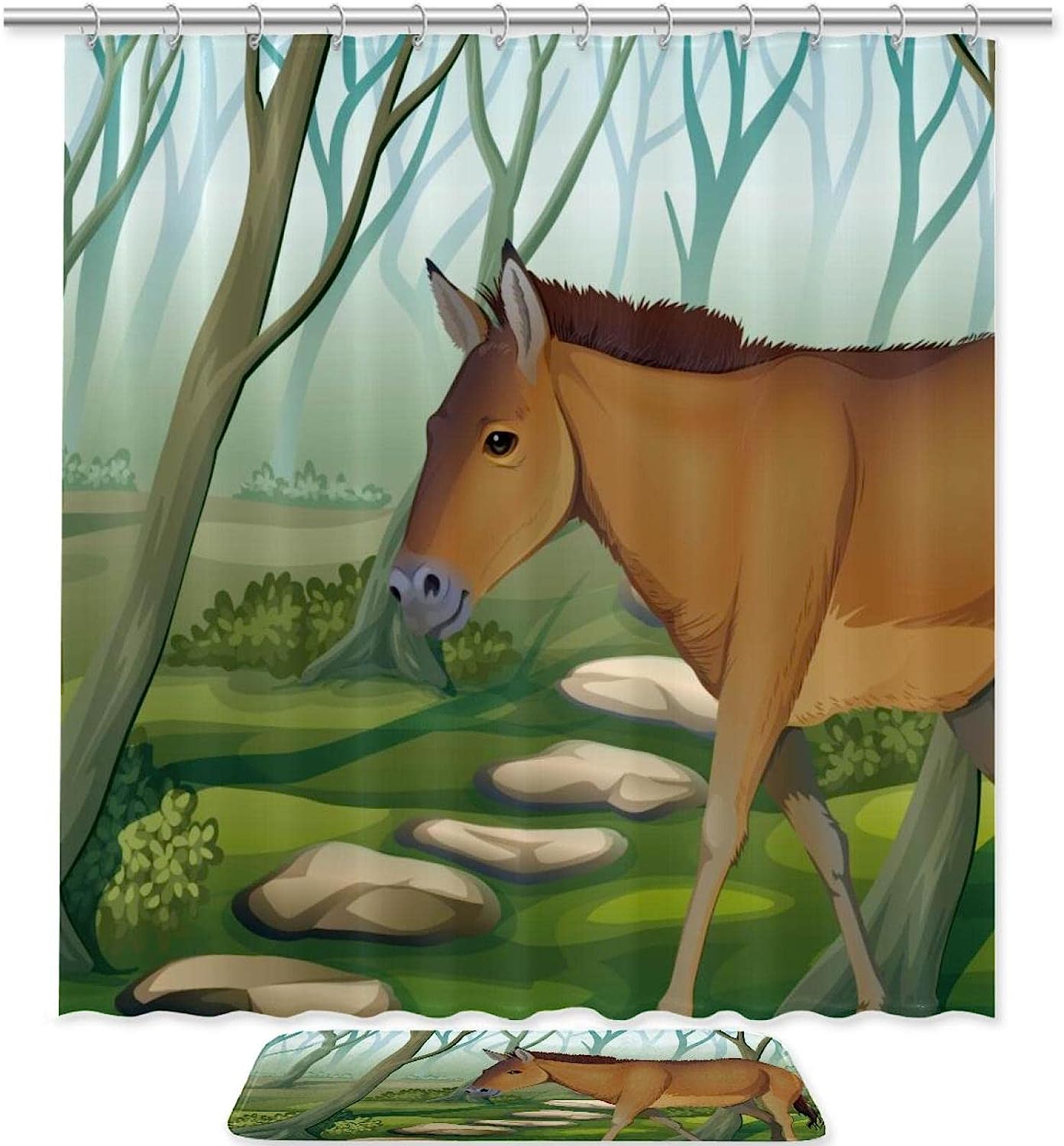 Horse In The Jungle Forest Foggy Waterproof Shower Curtain