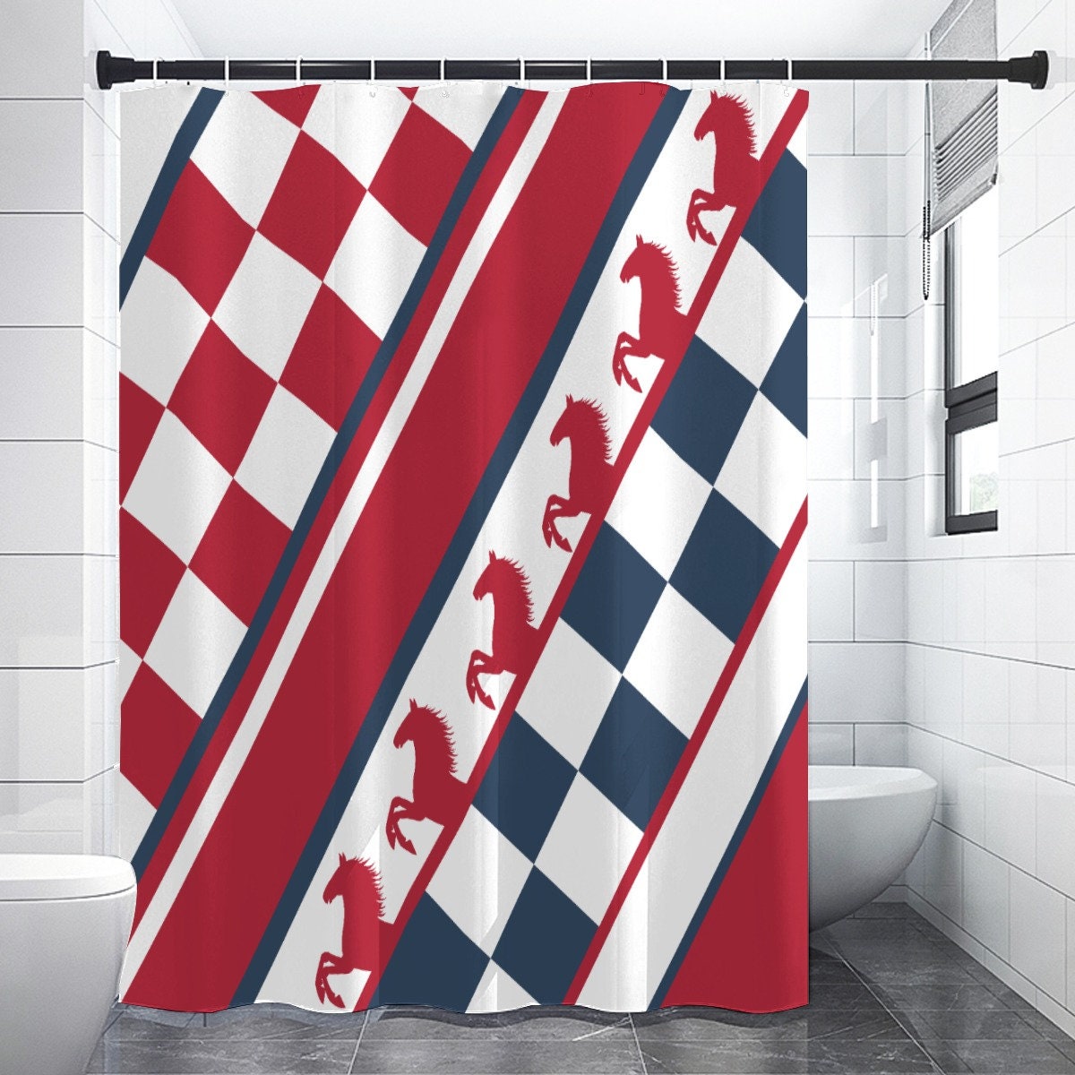 Horse Lover Checker Shower Curtain - Equestrian Themed Bathroom Decor