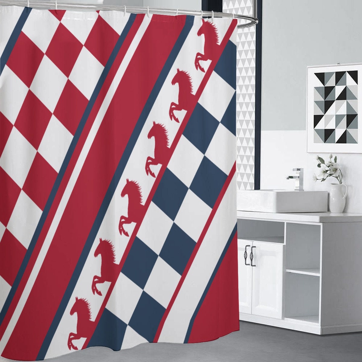 Horse Lover Checker Shower Curtain - Equestrian Themed Bathroom Decor
