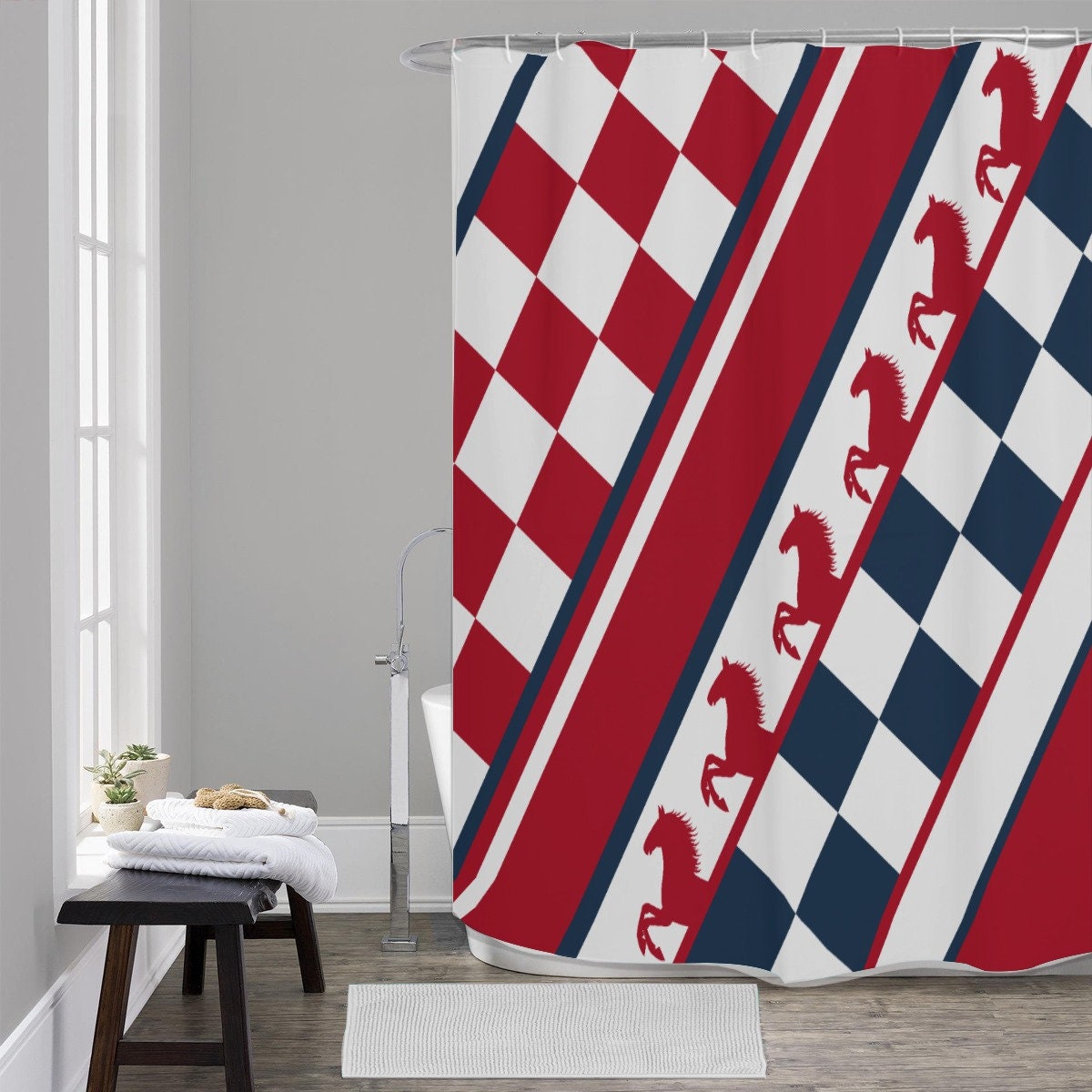 Horse Lover Checker Shower Curtain - Equestrian Themed Bathroom Decor