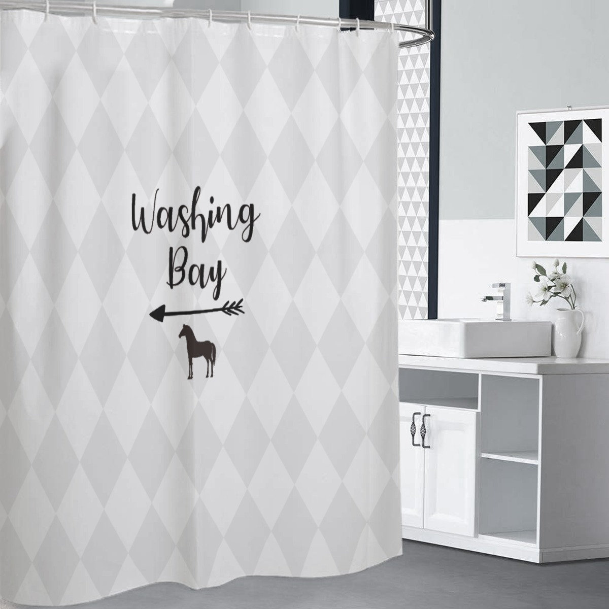 Horse Lover's Bathroom Shower Curtain with Rustic Washing Bay Pattern