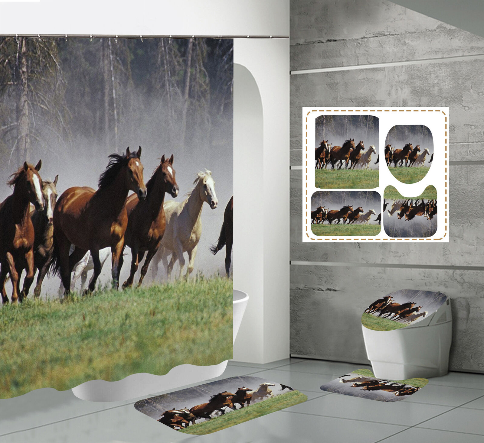Horse Prairie Forest Print Shower Curtain - Rustic Bathroom Decor