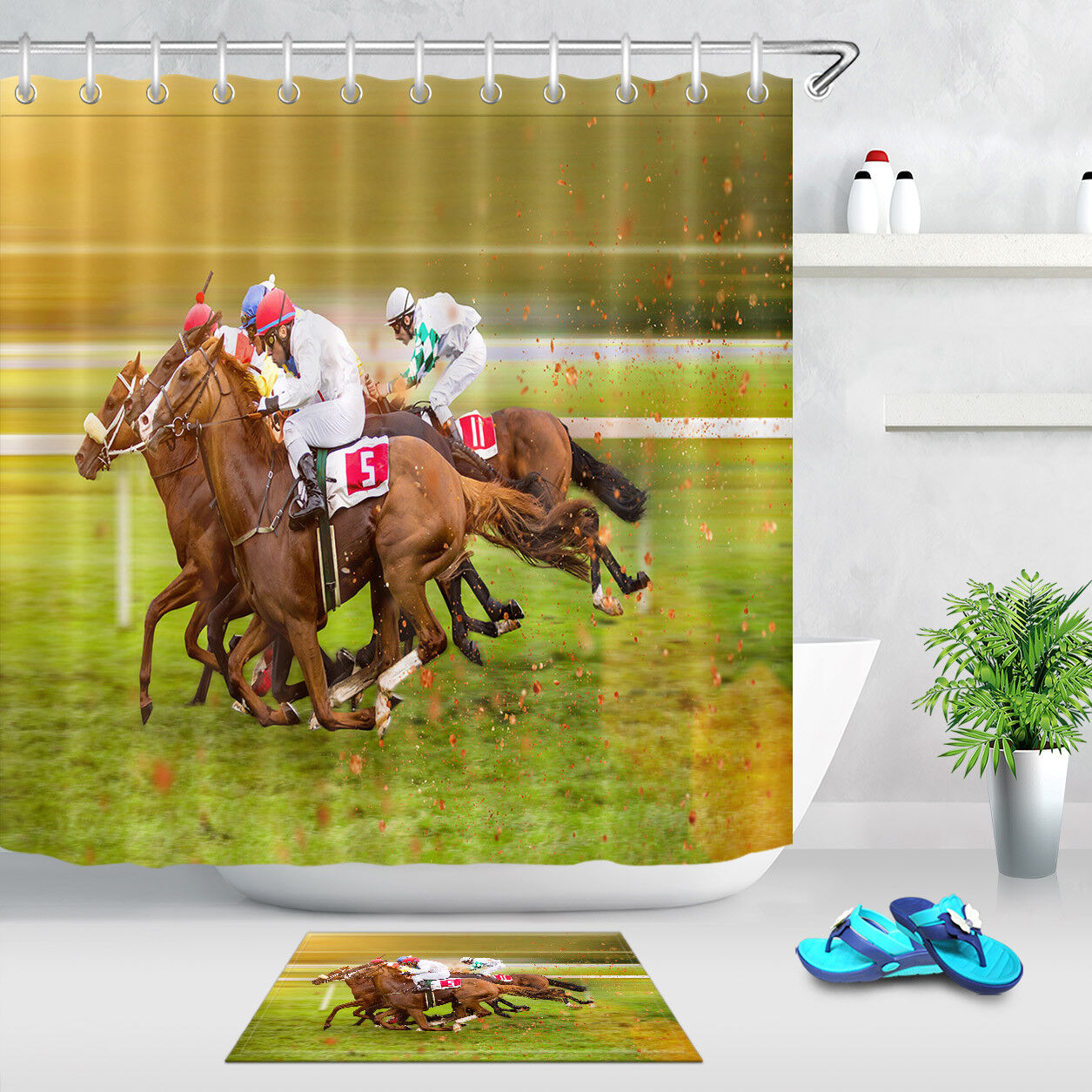 Horse Racing Themed Waterproof Fabric Shower Curtain For Bathroom