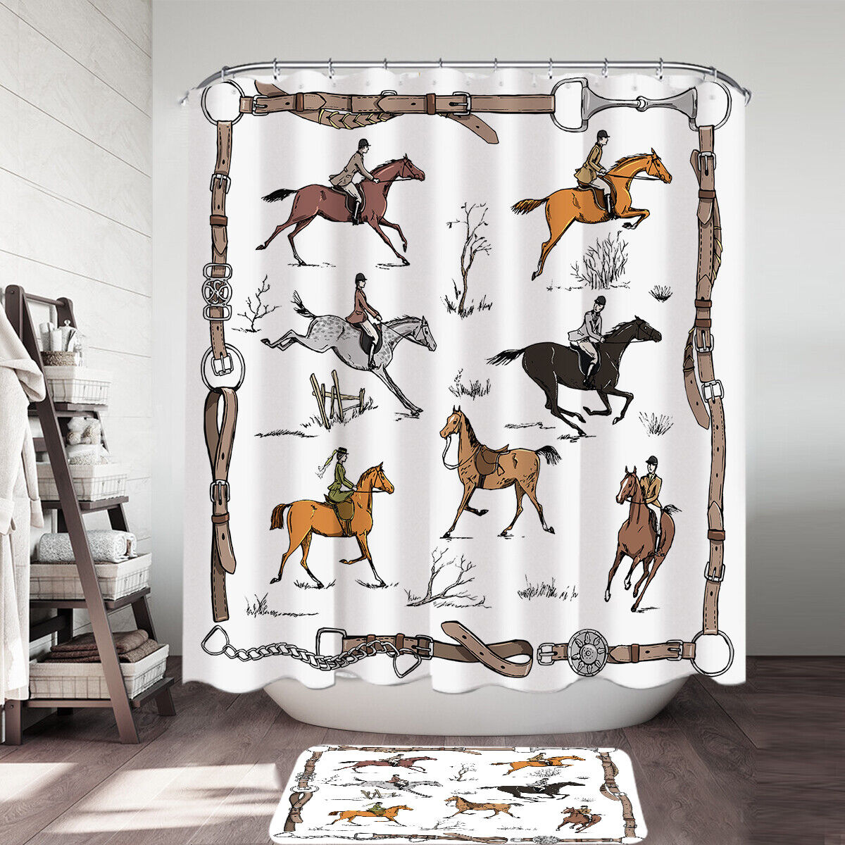 Horse Riding Pattern Shower Curtain - Equestrian Bathroom Decor