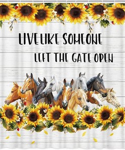 Horse Sunflower Fabric Shower Curtain - Waterproof Grey Bathroom Decor 