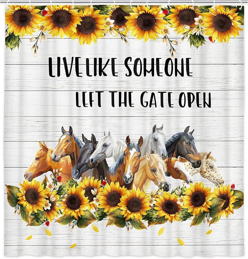 Horse Sunflower Fabric Shower Curtain - Waterproof Grey Bathroom Decor