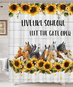 Horse Sunflower Fabric Shower Curtain - Waterproof Grey Bathroom Decor