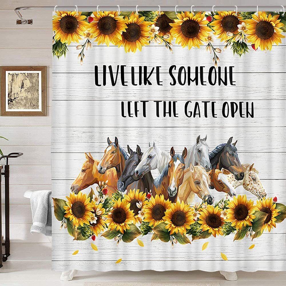 Horse Sunflower Fabric Shower Curtain - Waterproof Grey Bathroom Decor