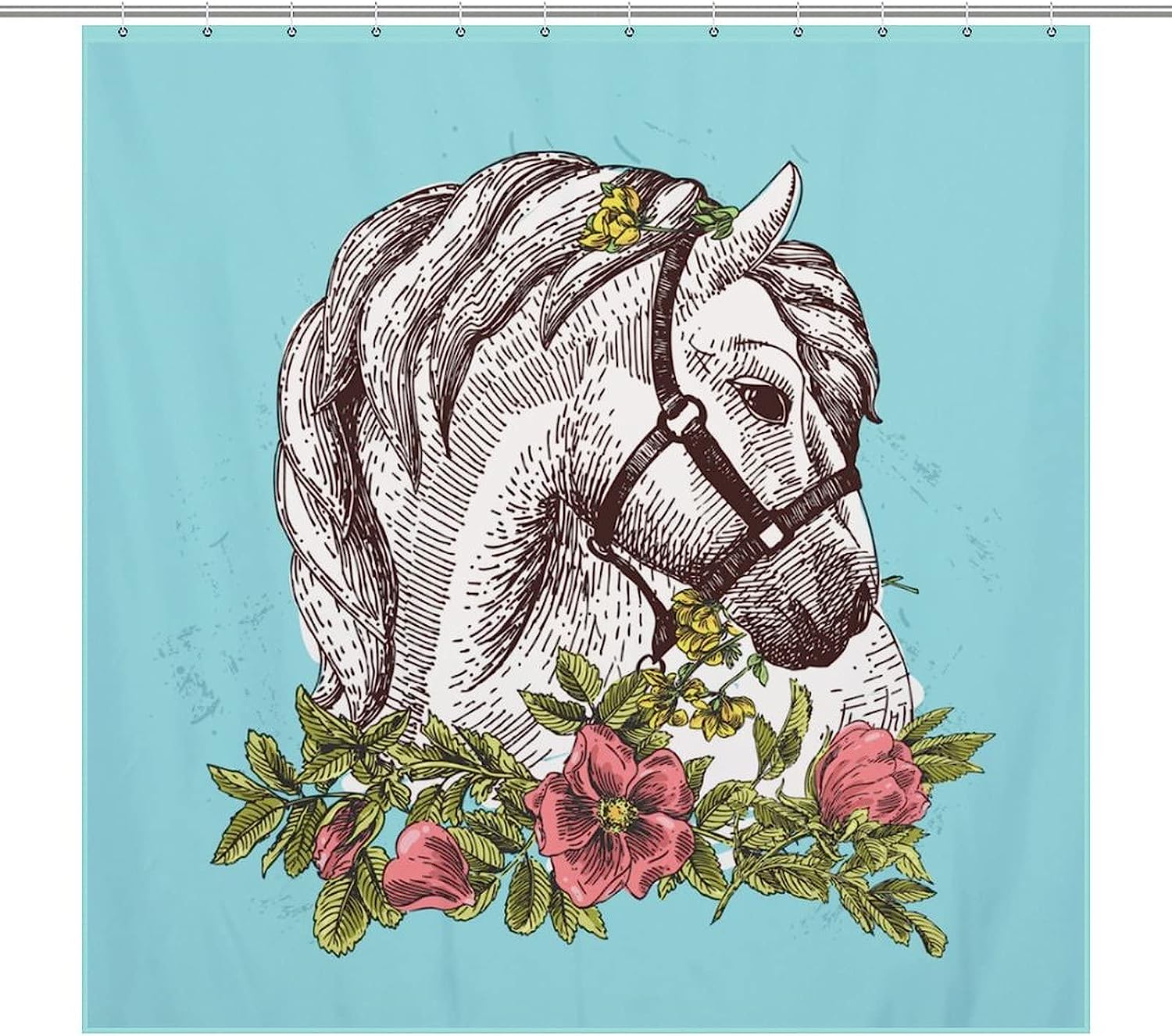 Horse With Flower Shower Curtain - Print Design For Bathroom Decoration
