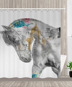 Horse and Graffiti Print Shower Curtain for Modern Art Bathroom Decor