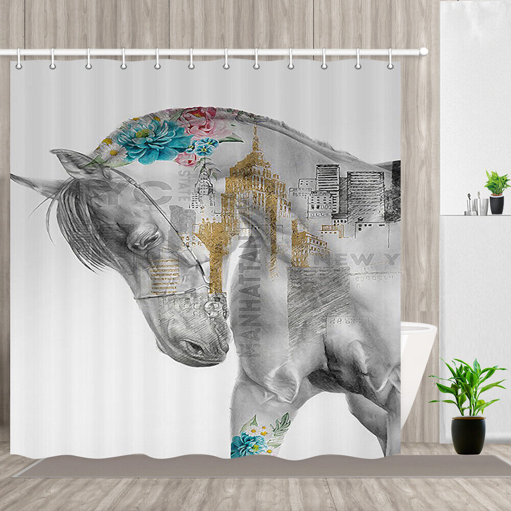 Horse and Graffiti Print Shower Curtain for Modern Art Bathroom Decor