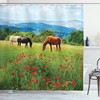 Horses Eating Grass In Field Shower Curtain - Mountain Landscape Rural Bathroom Decor