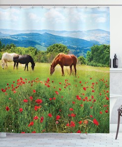 Horses Eating Grass In Field Shower Curtain - Mountain Landscape Rural Bathroom Decor