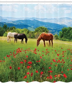 Horses Eating Grass In Field Shower Curtain - Mountain Landscape Rural Bathroom Decor