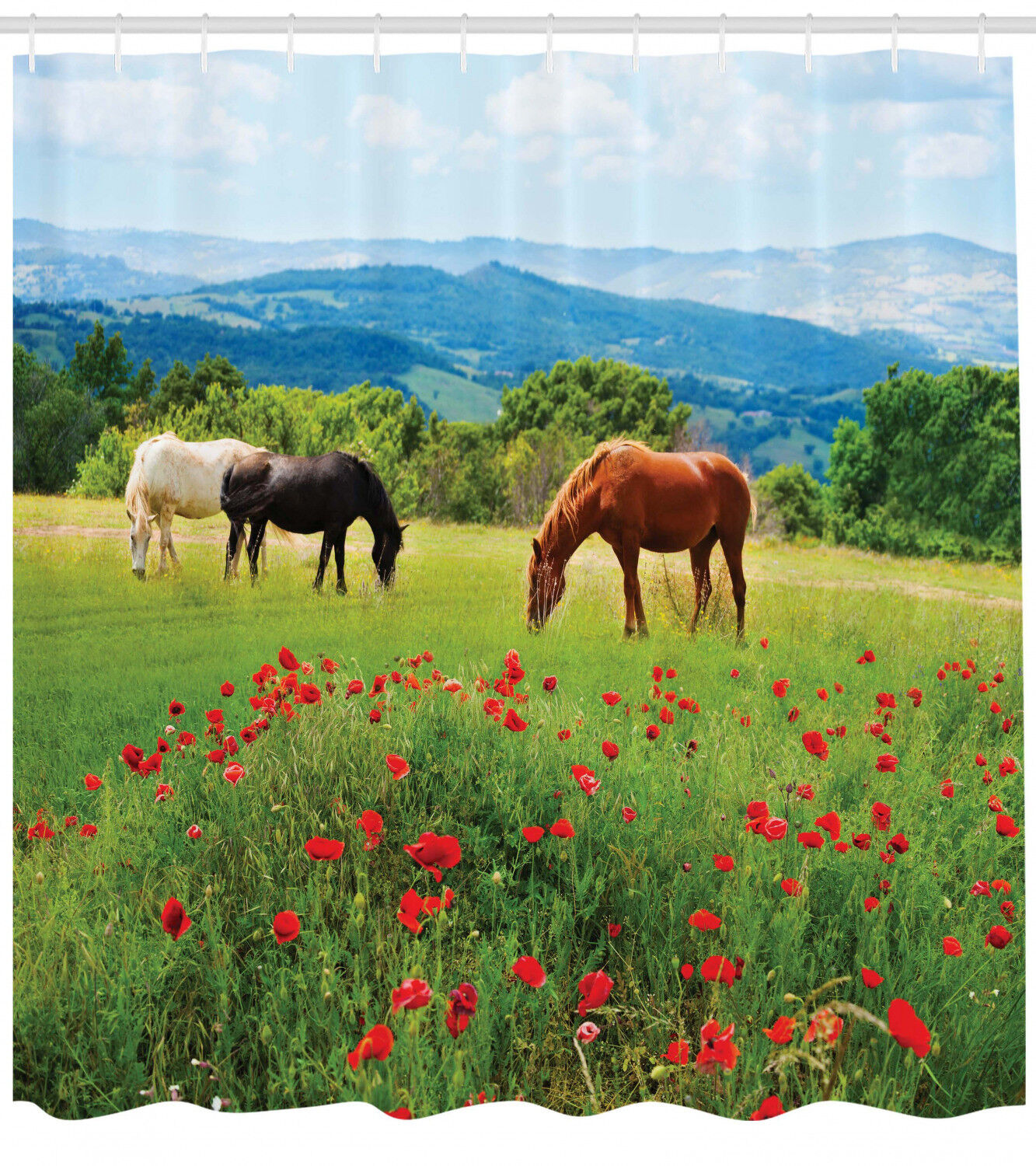 Horses Eating Grass In Field Shower Curtain - Mountain Landscape Rural Bathroom Decor