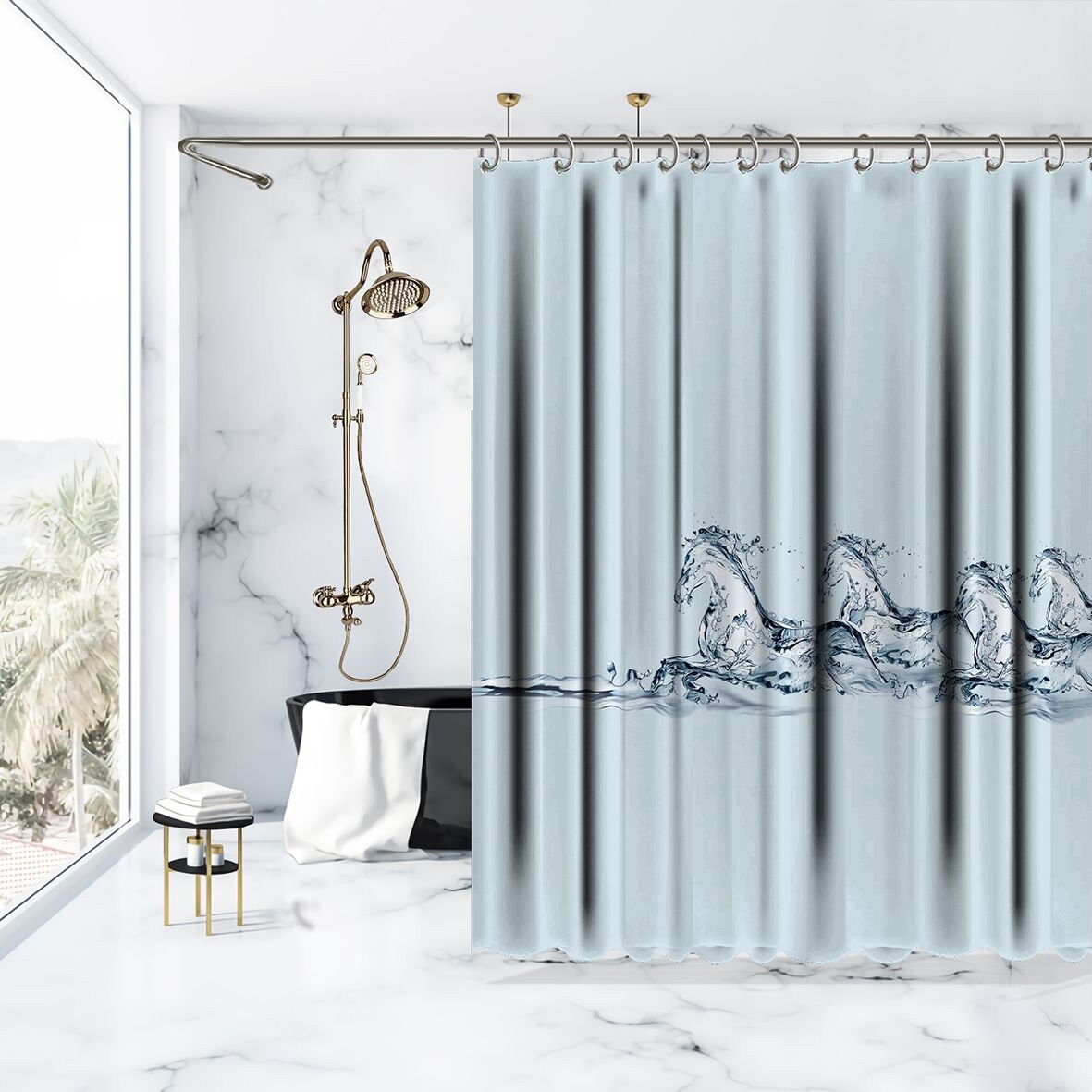 Horses Made Of Water Printed Shower Curtain, Nature-Inspired Art For Rustic Bathroom Decor - Image 3