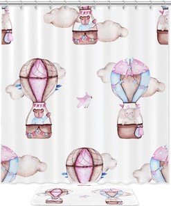 Hot Air Balloon Bear Elephant Birds Shower Curtain - Waterproof Bathroom Decoration