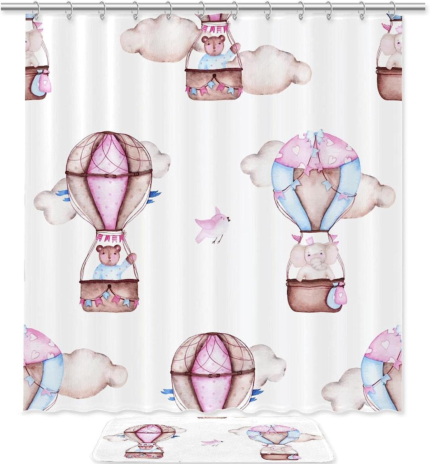 Hot Air Balloon Bear Elephant Birds Shower Curtain - Waterproof Bathroom Decoration