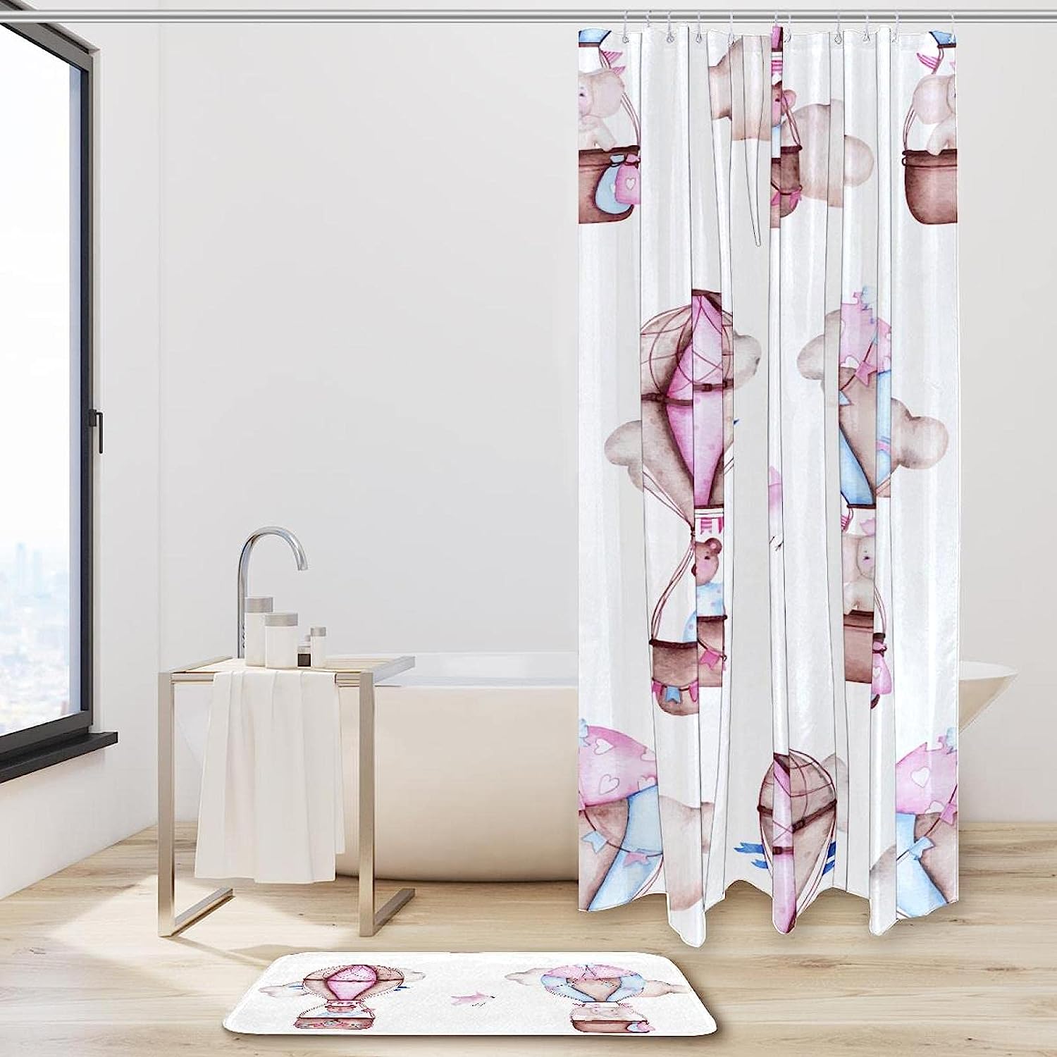 Hot Air Balloon Bear Elephant Birds Shower Curtain - Waterproof Bathroom Decoration