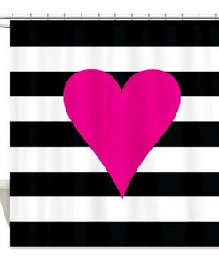 Hot Pink, Black, And White Striped Heart Shower Curtain - Customized Preppy Home Decor For Teenagers
