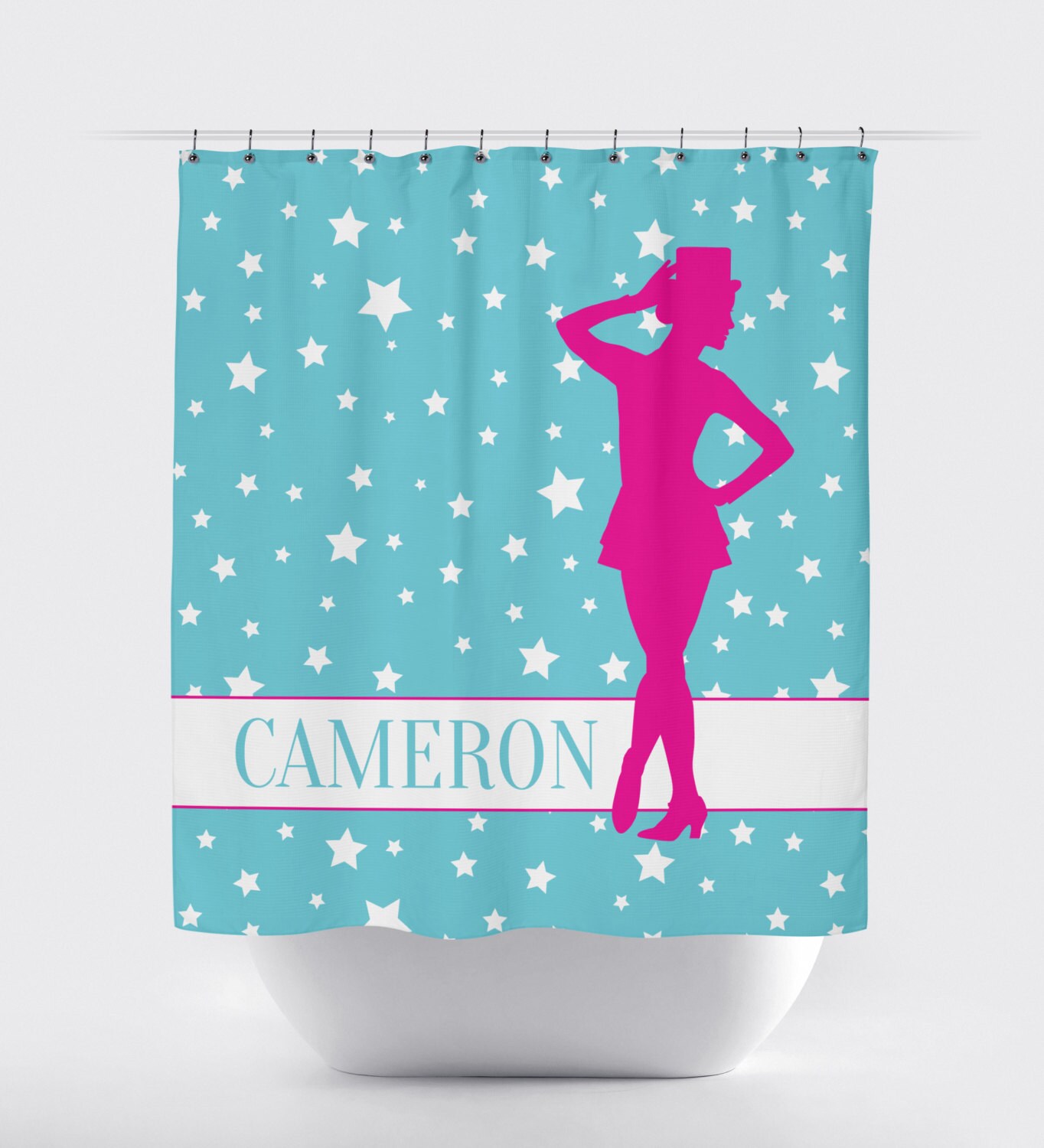 Hot Pink and Aqua Tap Dancer Stars Monogrammed Name Shower Curtain