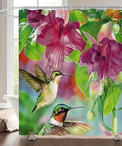 Hotel Quality Fabric Shower Curtain with Hummingbird and Flowers Print