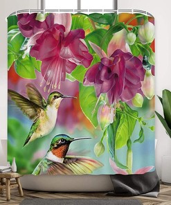 Hotel Quality Fabric Shower Curtain with Hummingbird and Flowers Print