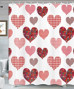 Houndstooth Love Heart Fabric Shower Curtain For Bathroom Decor