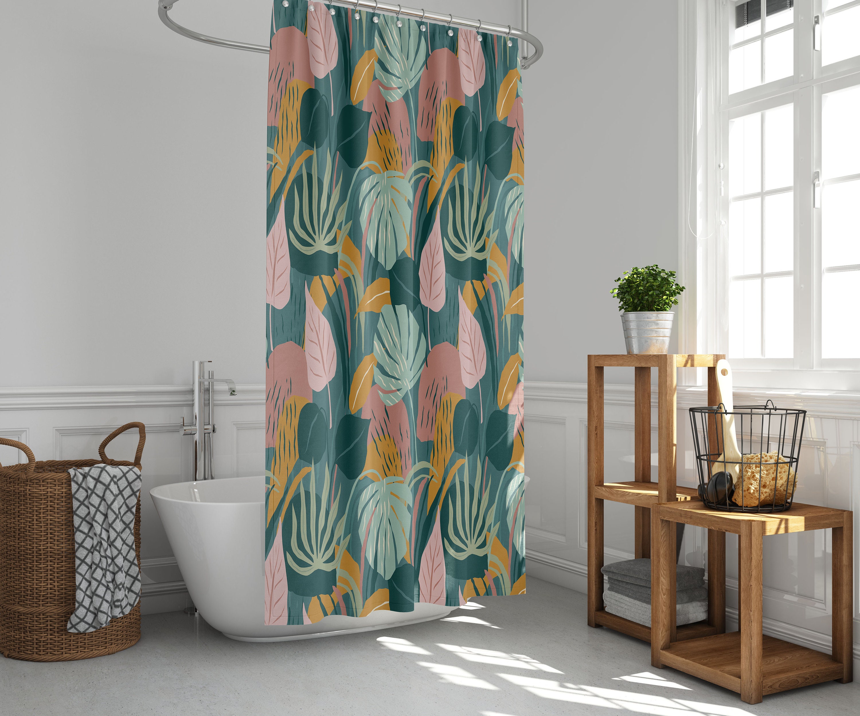 House Plants Shower Curtain for Bathroom Decor, Tropical Leaves Design, Plant Lady Bath Decor