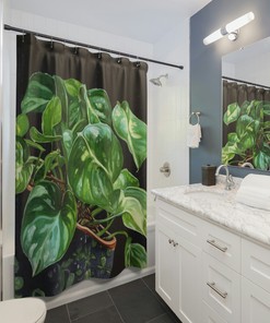 Houseplant Watercolor Print Shower Curtain With Pothos Pattern