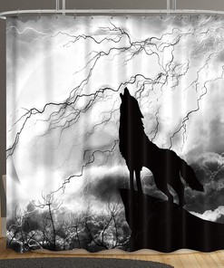 Howl at the Storm with Wolf Silhouette Shower Curtain for Mystic Animal Bathroom Decor