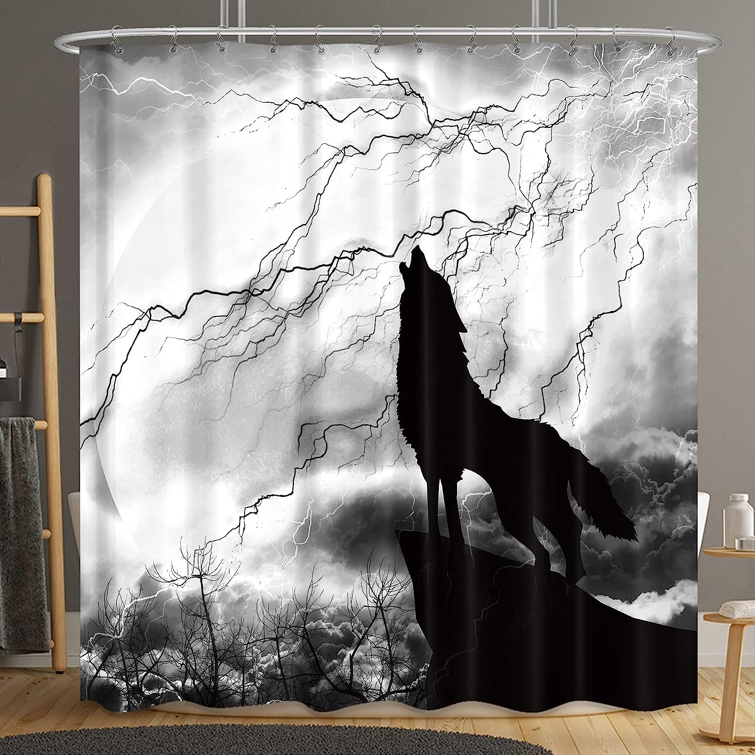 Howl at the Storm with Wolf Silhouette Shower Curtain for Mystic Animal Bathroom Decor