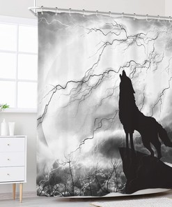 Howl at the Storm with Wolf Silhouette Shower Curtain for Mystic Animal Bathroom Decor