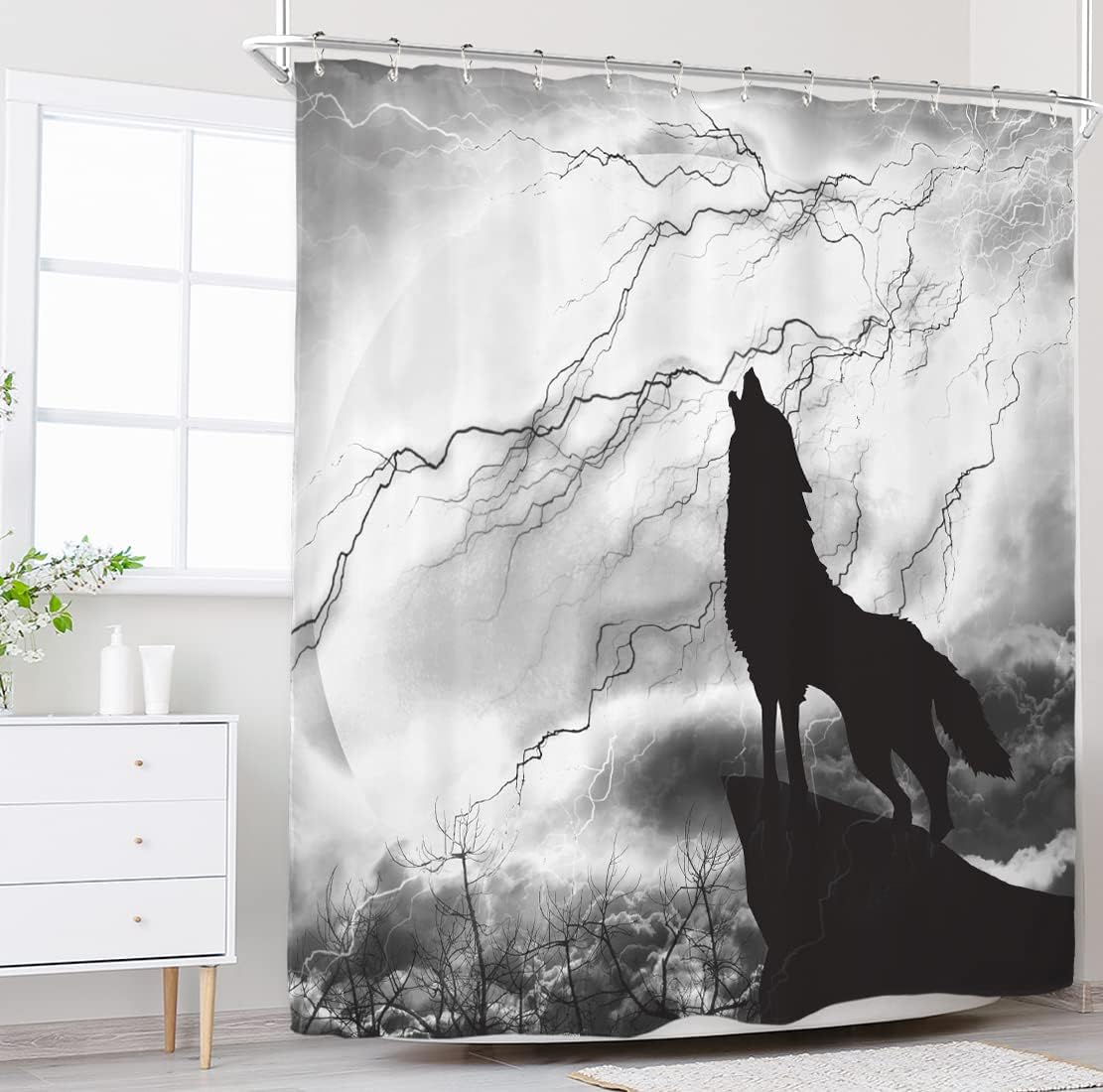 Howl at the Storm with Wolf Silhouette Shower Curtain for Mystic Animal Bathroom Decor