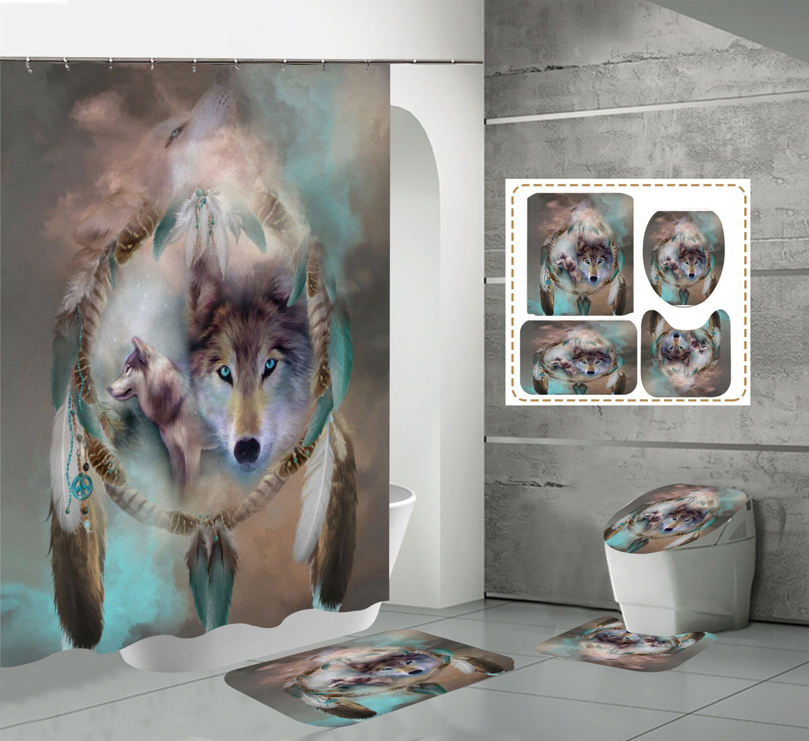 Howling Wolf Dreamcatcher Print Shower Curtain For Rustic Bathroom